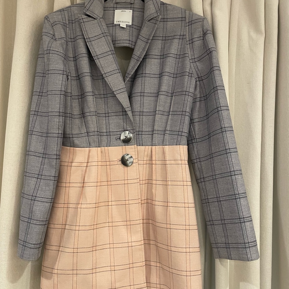 Gray and Peach Plaid Blazer Dress
